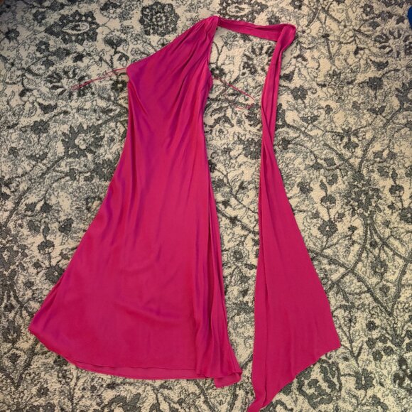 BHLDN Nicoletta One-Shoulder Tie-Neck Satin Midi Dress Raspberry - Size XS - Picture 6 of 6